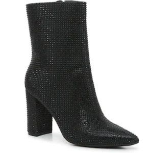 New Black Rhinestone Glitter Block Heel Ankle Booties